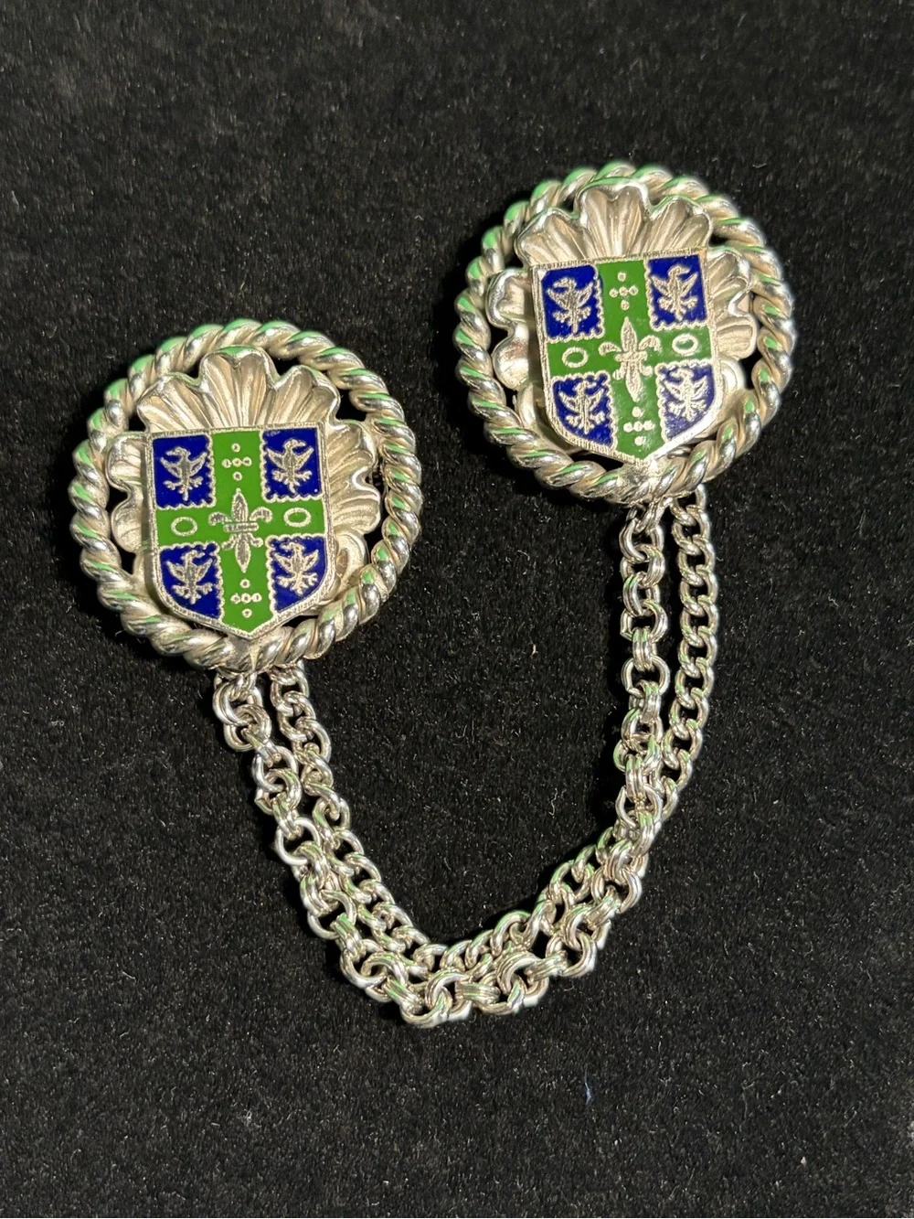 Vintage Heraldic Chatelaine double pin Brooch Silver-tone Green and Blue Enamel